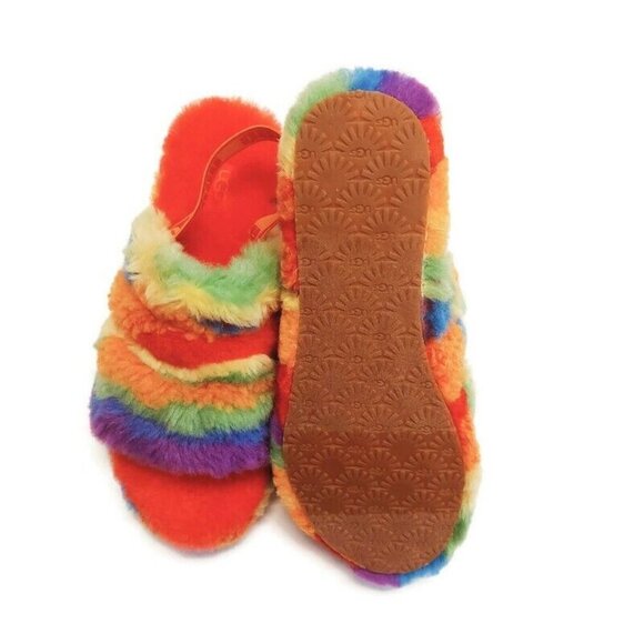 UGG Fluff Yeah Slide Cali Collage Backstrap Slippers Big Kids 4 Rainbow Stripes - Picture 8 of 8